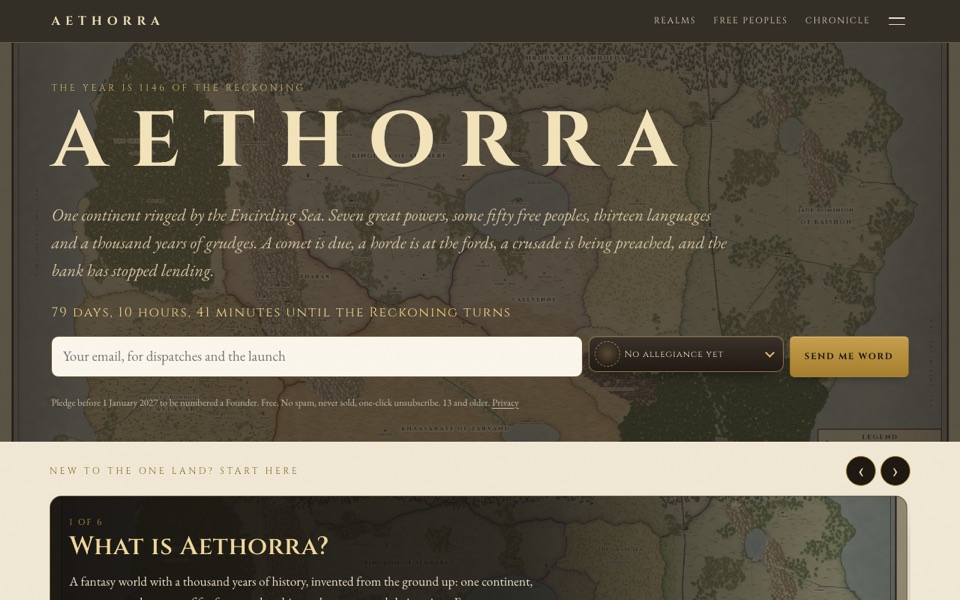 Aethorra fantasy world home page with a continent map