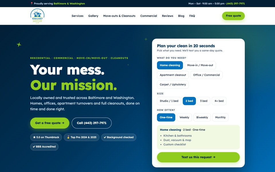 Resilient Cleaning Services home page with an instant quote builder